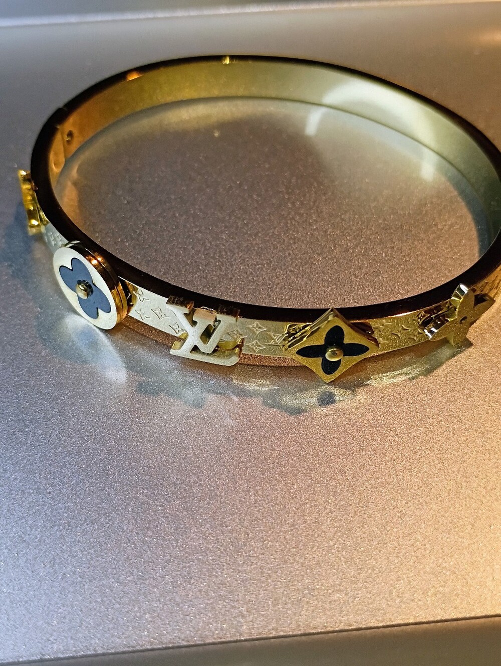 New Gold Tone & Black Monogram Bangle Bracelet - Picture 6 of 6